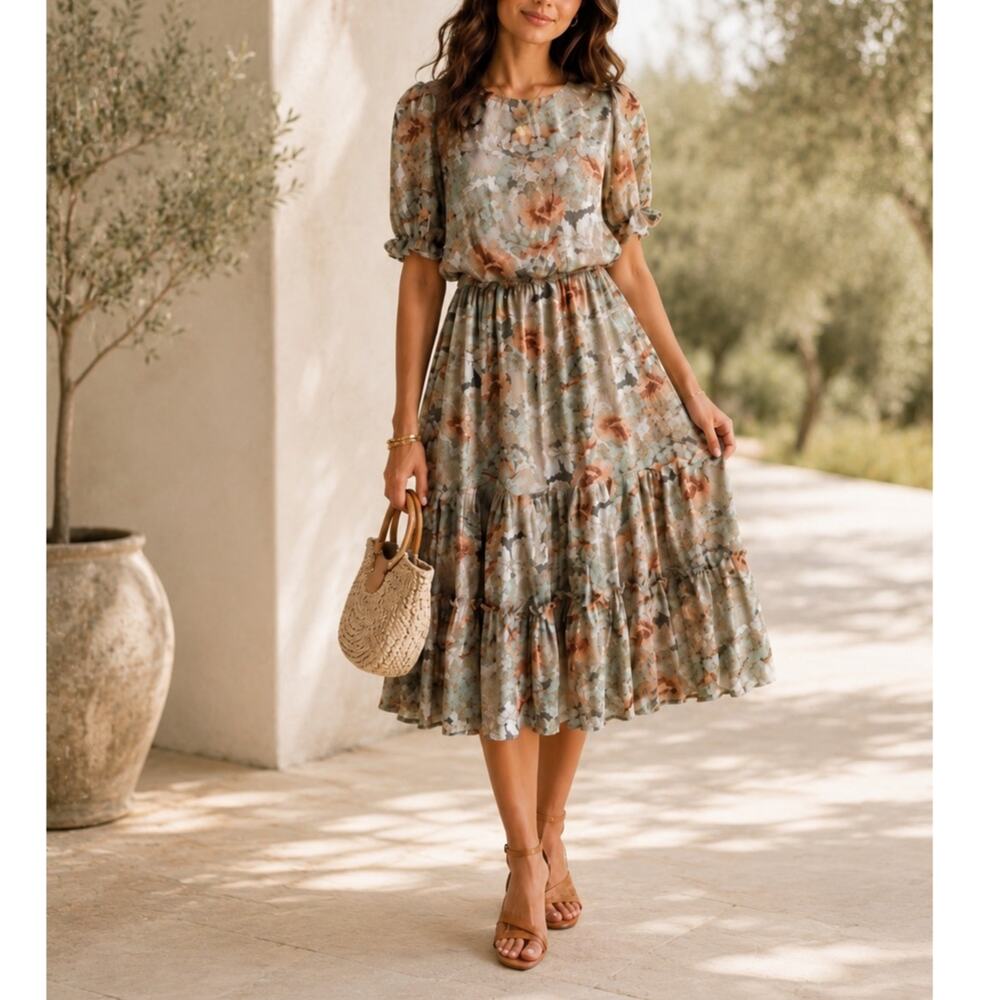 Jessakae Prairie Blouson Midi Dress XS Tiered Puff Sleeve Metallic Floral Rustic